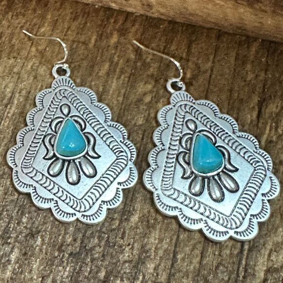 721034 Concho Turquoise Earrings‎ - 2 Inch Long Beauty - Picture 1 of 12
